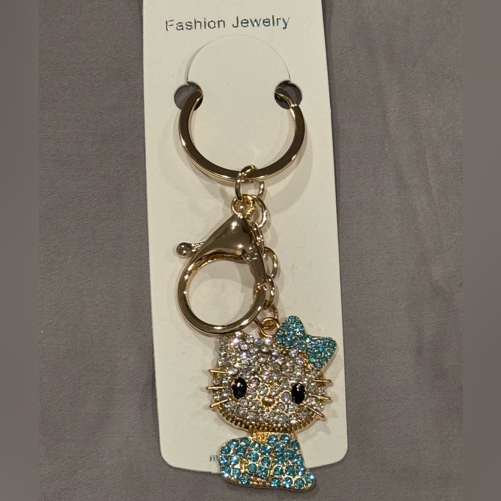 Sparkling Blue Crystal Kitty Cat Keychain Gold Tone